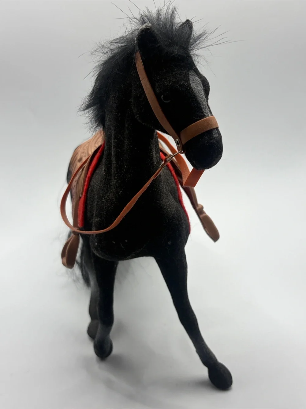 Vintage Flocked Black Stallion Horse Saddle Western Equestrian Figure Model Toy